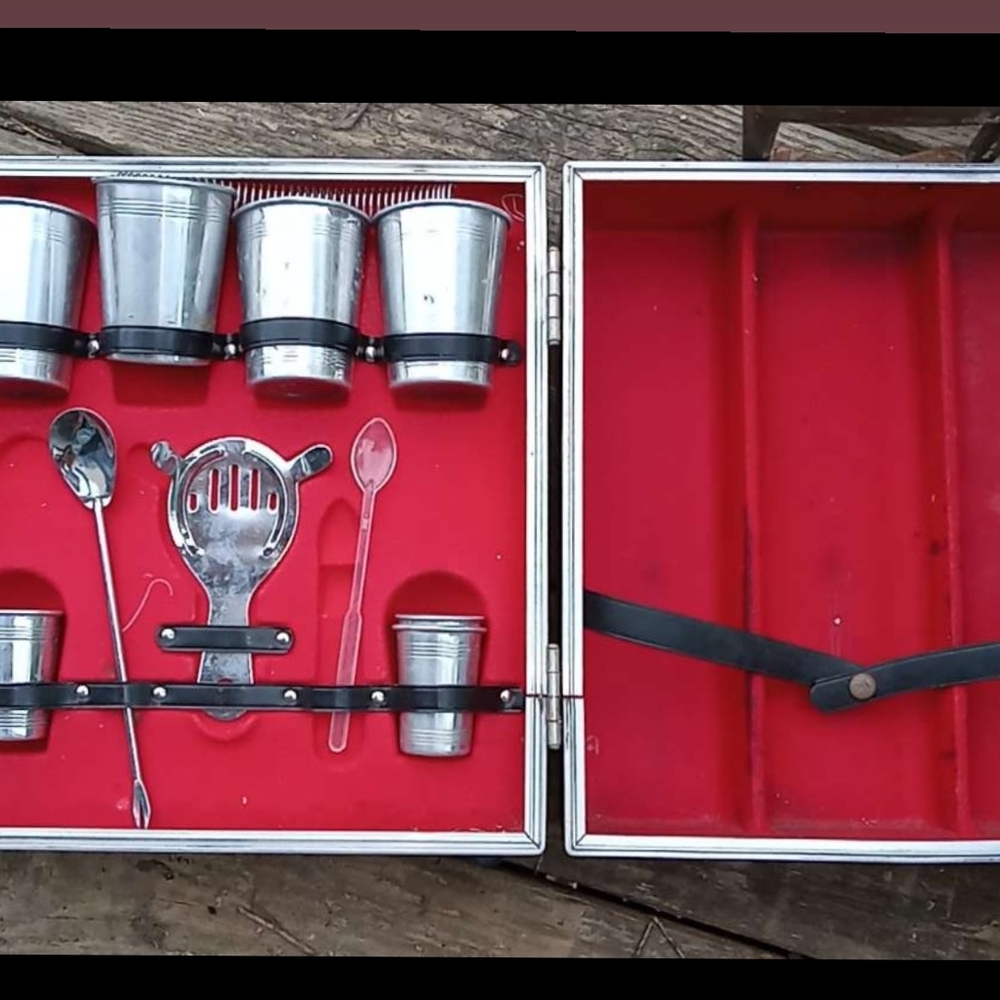 Vintage Silver Barware Set with Red Case